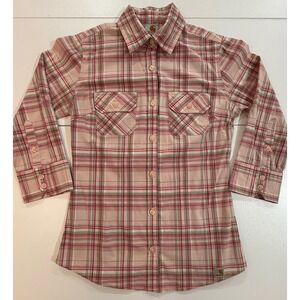 Carhartt Women's Roll Up Sleeve Plaid Poplin Shirt Pink Green Size Small (136)